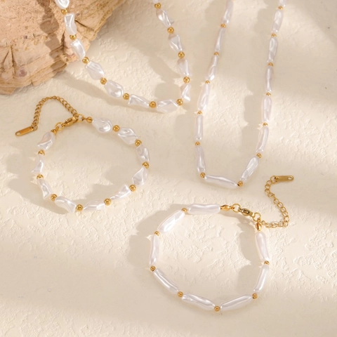 Irregular Baroque Imitation Artificial Pearl Necklace And Bracelet Jewelry Set With Gold Colored Beads For Women Chic Elegant Accessory