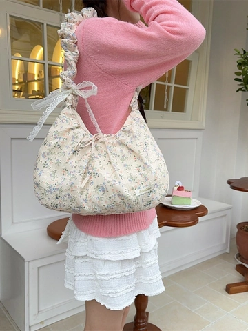 Floral Print Hobo Bag With Ruffled Shoulder Strap Lace Bow Sweet Cottagecore Fabric Underarm Bag For Women