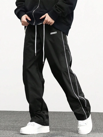 Men European High Street Woven Joggers Polyester Side Stripe Drawstring Pockets Vintage Casual Straight Leg Pants Bottom