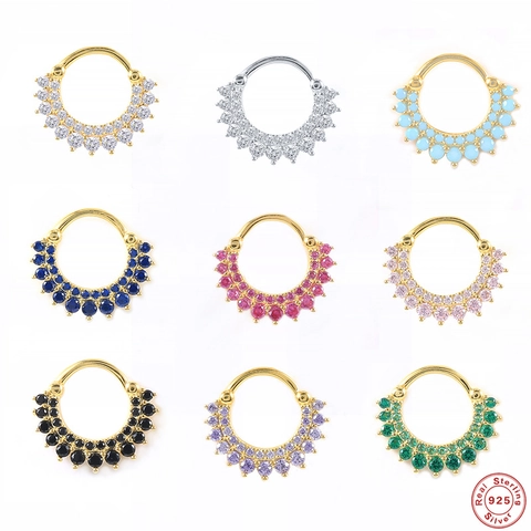 925 Sterling Silver Nose Ring Double Row Zircon Septum Clicker Hinged Segment Daith Cartilage Piercing Hoop Jewelry Women