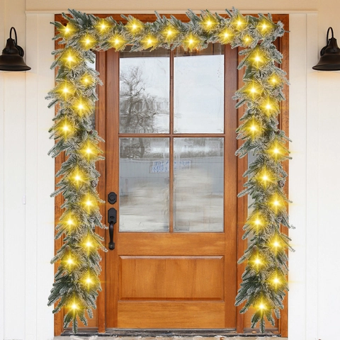 Christmas Wreath Garland Artificial Flocked Snow PVC Pine Needle Pine Cone LED Warm Light Holiday Door Decoration