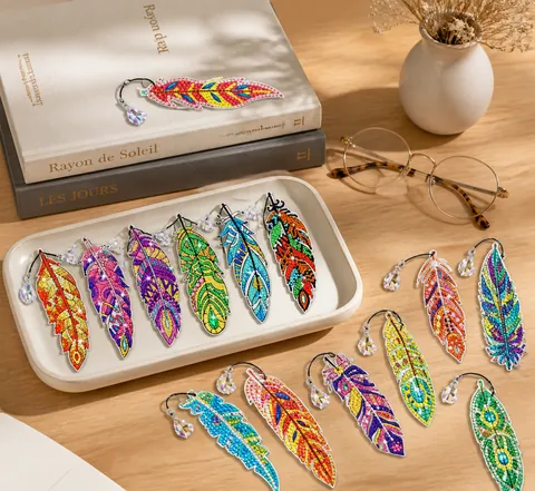 DIY Diamond Painting Feather Bookmarks Set Colorful Acrylic Rhinestone Crystal Pendant Handmade Craft Kit For Reading Gift