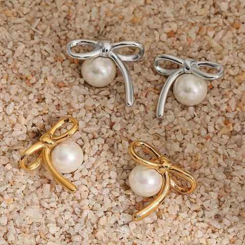 Strik Kunstparel Oorknopjes Roestvrij Staal Elegant Frans Vintage Stijl Mode Sieraden Voor Dames