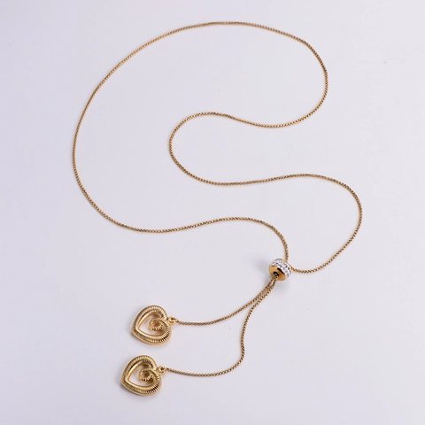 Collana Pendente Doppio Cuore Acciaio Inossidabile 316L Strutturato Regolabile Cursore Strass Donna Stile Minimalista