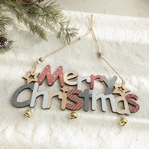 Decorazione Natalizia Da Appendere Scritta In Legno Merry Christmas Con Campanellini In Metallo Corda Di Juta Per Albero