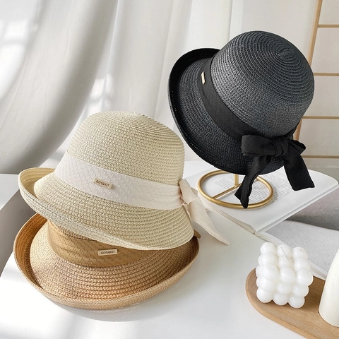 Women Woven Straw Bucket Hat Breathable Sun Protection Beach Summer Sunshade Elegant Bow Ribbon Japanese Style