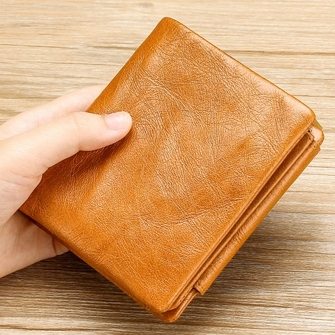 Cartera Corta Tríptica de Cuero Genuino Vintage para Hombre Bloqueo RFID Gran Capacidad Piel de Vaca Cera de Aceite Monedero Tarjetero Billetera