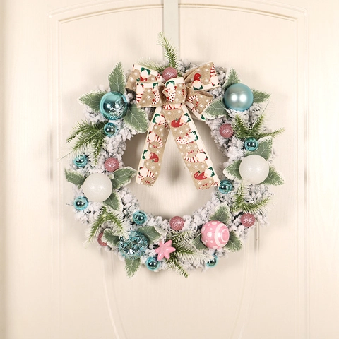 Corona Di Natale Innevata PE PVC Ghirlanda Di Pino Artificiale Con Palline Rosa Blu Fiocco In Lino Gnomo Decorazioni Porta