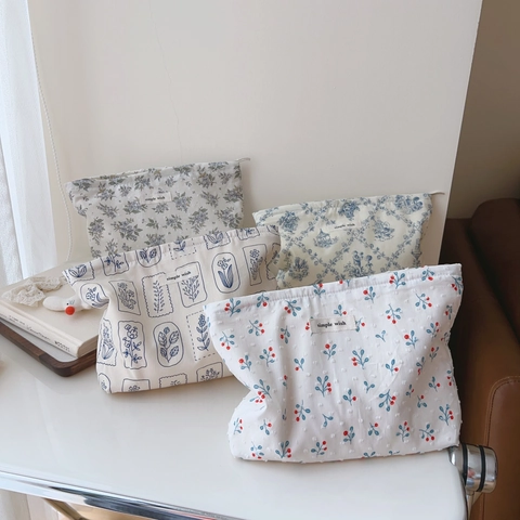 Women Floral Makeup Bag Cotton Canvas Zipper Pouch Travel Storage Organizer Case Pastoral Retro Style Simple Utility