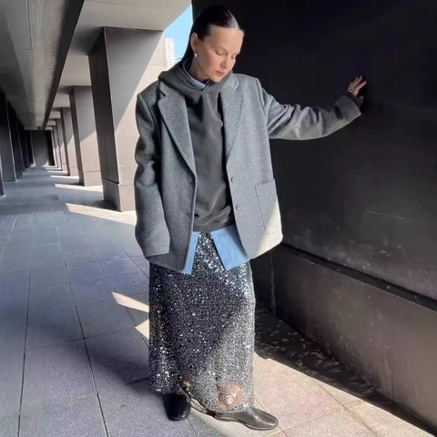 Damen Wolljacke Anzugkragen Locker Grau Retro Langarm Einreihiger Mantel Streetwear Vintage Mode