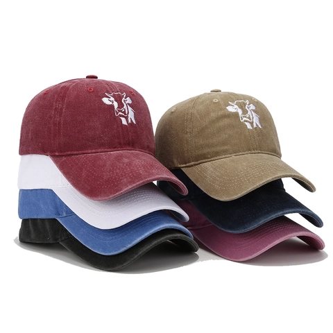 Baseball Cap Washed Cotton Retro Distressed Cow Embroidery Sun Protection Adjustable Outdoor Leisure Hat For Men Women