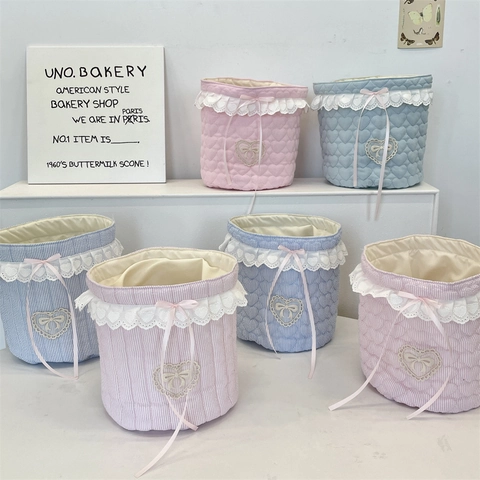Quilted Fabric Desktop Storage Basket With Heart Lace And Ribbon Bow Kawaii Cosmetic Makeup Sundries Organizer Bin