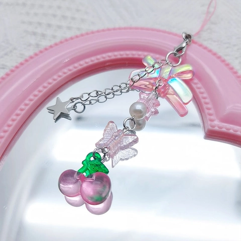 Süßer Rosa Kirsch Schleife Handy Anhänger Schlüsselbund Legierung Harz Perle Stern Schmetterling Taschenanhänger Zubehör Für Mädchen