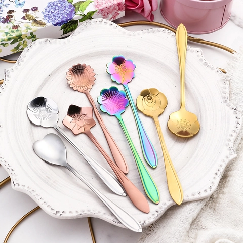 Floral Stainless Steel Coffee Stirring Spoons Elegant Flower Shaped Dessert Spoons Creative Kitchenware For Afternoon Tea