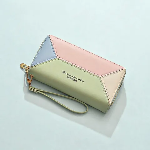 Portafoglio Lungo Donna Pelle PU Doppia Cerniera Patchwork Geometrico Pochette Mano Borsa Cellulare Con Cinturino Da Polso