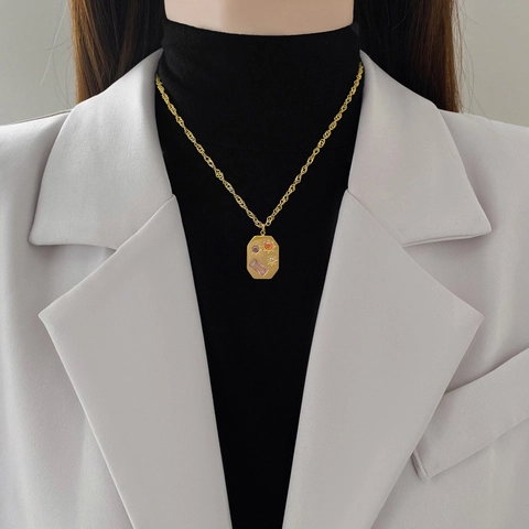 Geometrische Achthoekige Hanger Ketting Titanium Staal Kleurrijke Edelstenen Ster Zon Reliëf Sleutelbeen Ketting