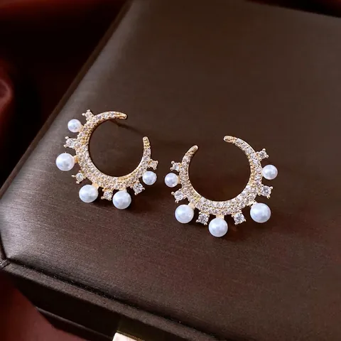 C Shape Stud Earrings Zircon Imitation Artificial Pearl Copper Crescent Moon Luxury Elegant Fashion Jewelry For Women With Silver Earring Post