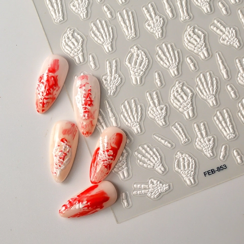 Halloween 5D Reliëf Nagelkunst Stickers Wit Skelet Hand Geest Gematteerd Gotisch Waterdichte Decals
