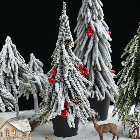 Mini Artificial Christmas Tree Flocked Snow Desktop Ornament Pine Cones Red Berries PE Plastic Wood Base Realistic Holiday Decoration