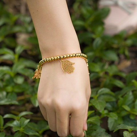 Hamsa Hand Charm Ronde Kralen Stretch Armband Roestvrij Staal Hol Verguld Boheemse Stijl Sieraden Voor Dames