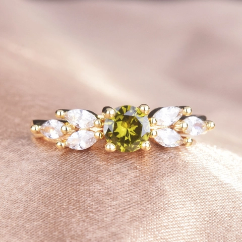 Olive Green Round Zircon Adjustable Ring Copper Marquise White Side Stones Elegant French Style Jewelry For Women