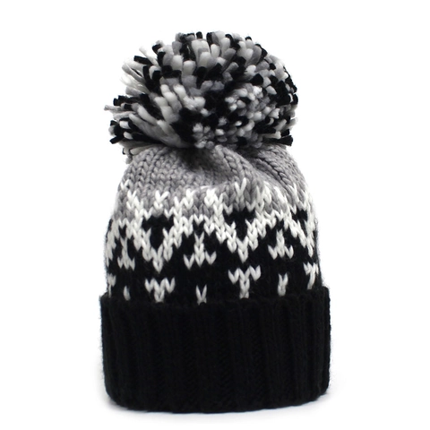 Bonnet Femme Hiver Chaud En Maille Avec Pompon Motifs Jacquard En Acrylique Bonnet À Revers Pour La Mode Quotidienne Extérieure