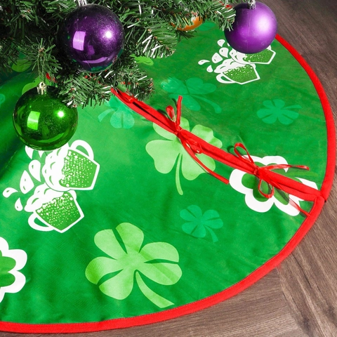 Jupe de Sapin Réversible Double Face en Polyester Décor Trèfle Cœur pour la Saint-Patrick et la Saint-Valentin