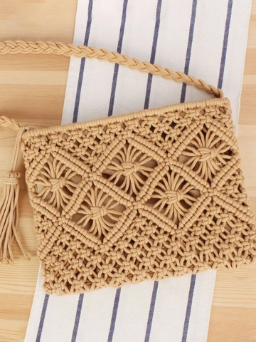 Handmade Cotton Rope Woven Crossbody Bag Macrame Boho Tassel Shoulder Bag Zipper Closure Summer Beach For Women