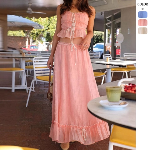 Top A Spalline E Gonna Maxi Da Donna Vacanze Estive Dolce Con Volant Coulisse Pieghe Poliestere Abbigliamento Boho