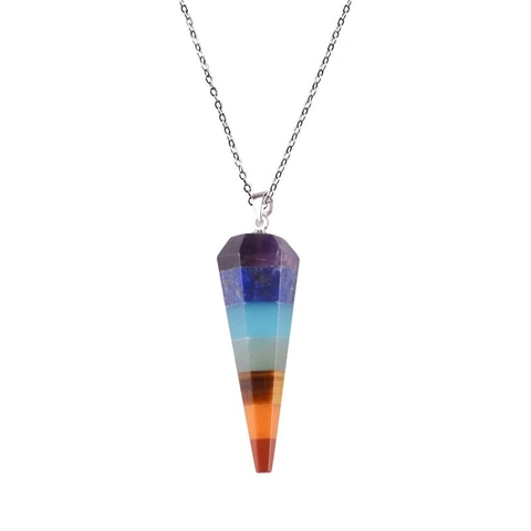 Seven Chakra Natural Crystal Stone Hexagonal Cone Pendant Necklace Spiritual Healing Stone Reiki Point Meditation Jewelry Unisex Gift