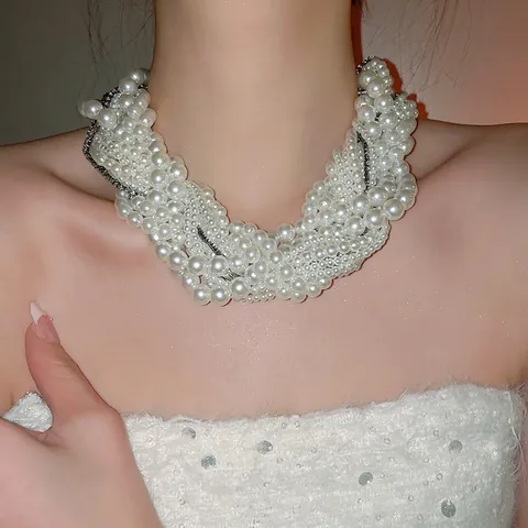 Multi Layer Faux Artificial Pearl Statement Necklace Rhinestone Luxury Stacked Choker Clavicle Chain Elegant Jewelry For Women