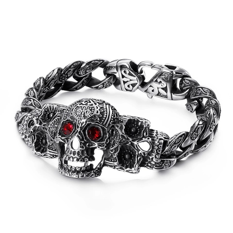 Men Gothic Skull Head Bracelet Stainless Steel Heavy Cuban Link Cross Engraved Biker Punk Retro Silver Tone Jewelry