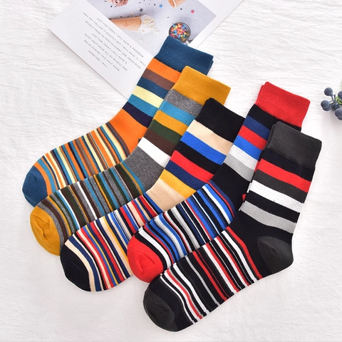 Mens Crew Socks Colorful Striped Cotton Blend Breathable Casual Geometric Pattern Middle Tube Trendy Hosiery