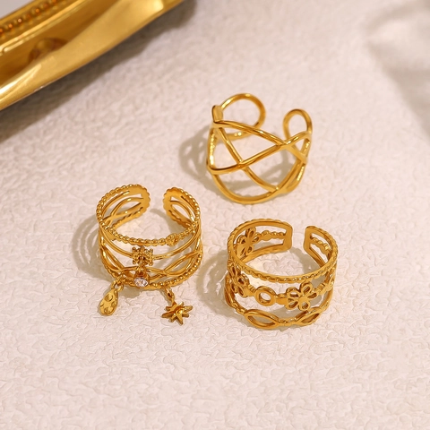 Geometrische Meerlaagse Ring Met Sterhangertje Voor Dames 18K Verguld Roestvrij Staal Verstelbare Open Band