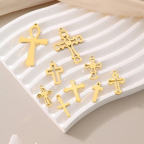 Cross Pendants Stainless Steel 18K Gold Plated DIY Jewelry Making Finding Vintage Hollow Ankh Religious Accessory