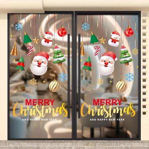 Christmas Window Stickers Static Clings PVC Double Sided Santa Snowman Snowflake Decals For Glass Door Shop Holiday Decor