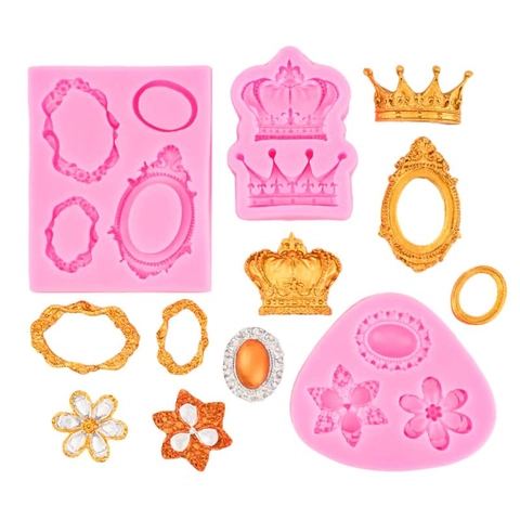 Krone Fotorahmen Silikonform Europäischer Stil Fondant Tortendekoration Backen DIY Geprägte Edelstein Blumenform