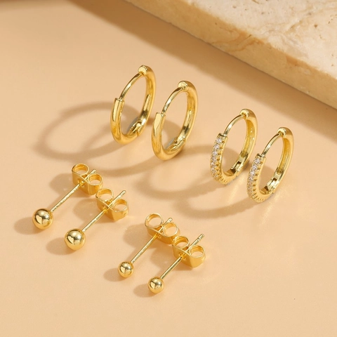 14K Gold Plated Copper Earrings Minimalist Hoop And Ball Stud Earrings With Sparkling Zirconia For Women