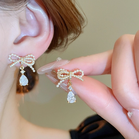 Sweet Bow Imitation Artificial Pearl Earrings With Zircon Teardrop Gold Plated Silver Earring Post Elegant Jewelry For Women