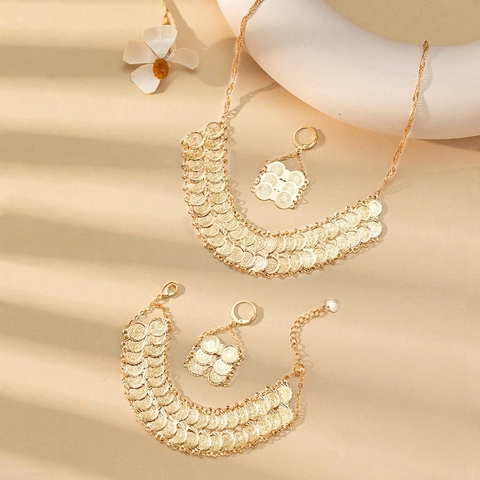 Dubai 24K Gold Plated Coin Jewelry Set For Women Ethnic Copper Necklace Bracelet Earrings Wedding Banquet Party Accessories