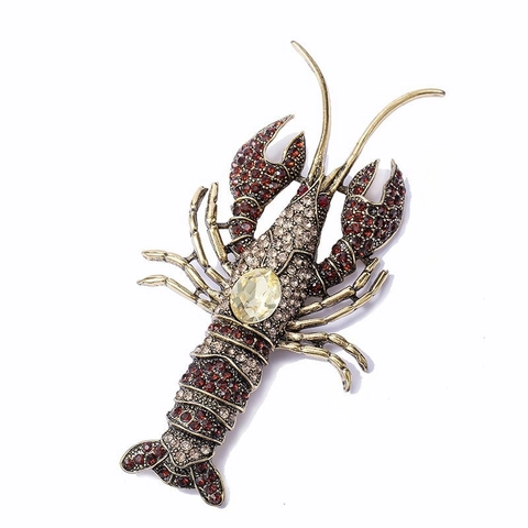 Vintage Lobster Brooch Alloy Rhinestone Inlaid Animal Motif Baroque Style Gold Plated Breastpin Jewelry For Women