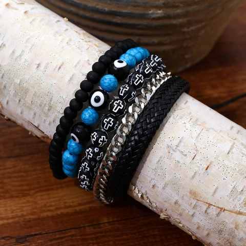 Hip Hop Beaded Bracelets Cuban Chain Evil Eye Turquoise Beads Cross Pattern Braided Rope Trendy Men Fashion Jewelry