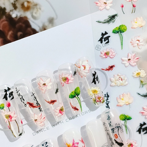 Chinese Style Nail Art Stickers Embossed Lotus Koi Fish Design Calligraphy Self Adhesive Manicure Decoration For Women
