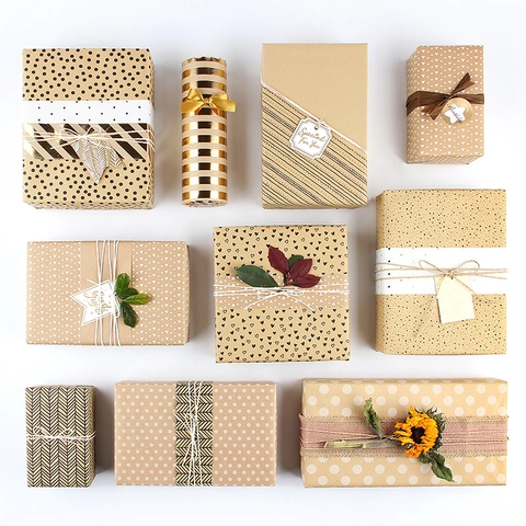 Vintage Kraft Wrapping Paper Geometric Polka Dot Heart Star Pattern Printed Gift Wrap Paper Sheets For Wedding Birthday DIY