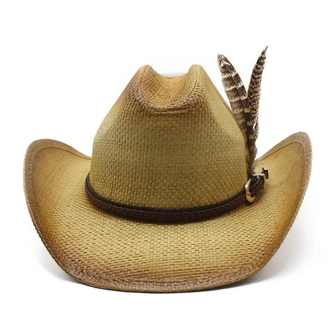 Δυτικό Καπέλο Cowboy Ψάθινο Μεγάλο Γείσο Προστασία Από Τον Ήλιο Αναπνεύσιμο Χάρτινο Άχυρο Με Φτερό Δερμάτινο Λουράκι Ρετρό