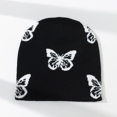 Bonnet En Maille Acrylique À Motif Papillon Hiver Chaud Tendance Jacquard Bonnet Pour Femme Style Décontracté