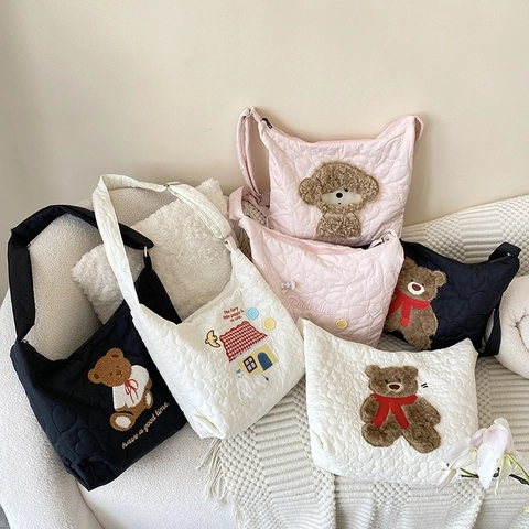 Women Quilted Tote Bag Japanese Style Cartoon Bear Puppy Embroidered Large Capacity Adjustable Shoulder Crossbody Bag