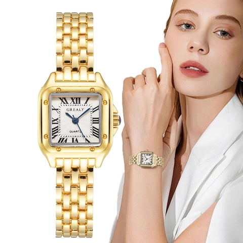 Women's Fashion Quartz Watch Stainless Steel Alloy Square Roman Numeral Dial Rhinestone Elegant Ladies Wristwatch Business Casual Gift
