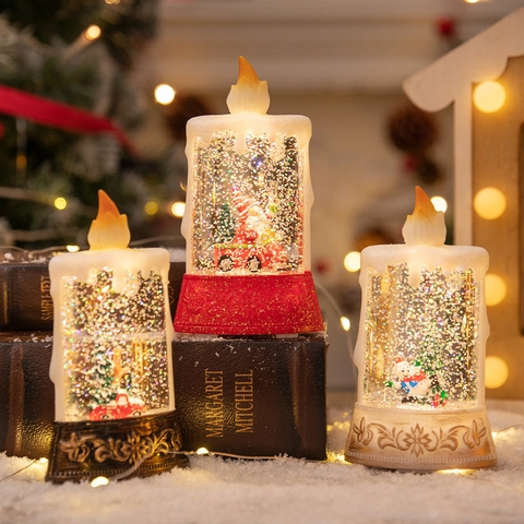Christmas LED Candle Light Water Glitter Snow Globe Flameless Lantern Santa Snowman Miniature Holiday Table Decoration