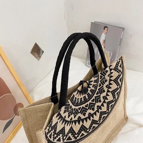 Borsa Tote In Iuta Boho Motivo Geometrico Etnico Stampa Lettere Grande Capacità Borsa A Mano Donna